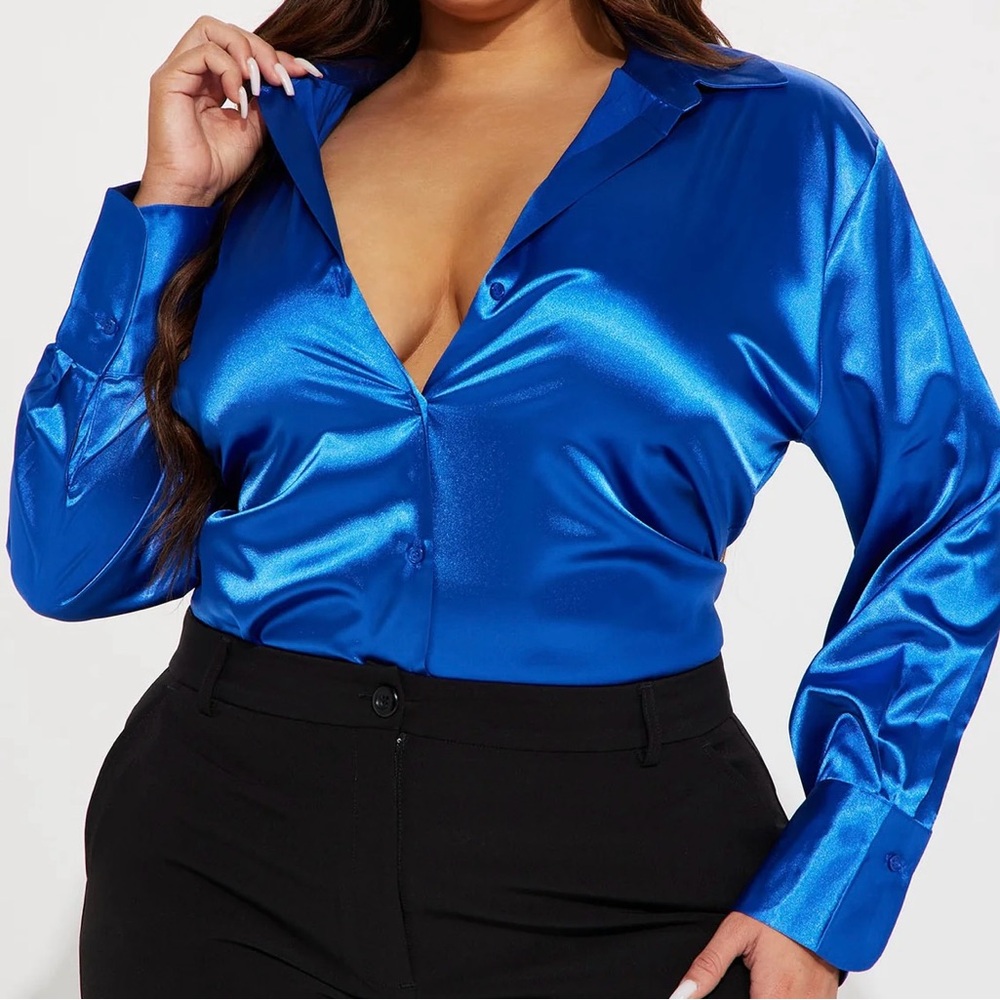 Fashion Nova Royal Blue Satin Button Down Shirt